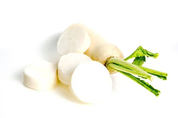 Fresh white radish with slices isolated on white background — Stock Photo, Image