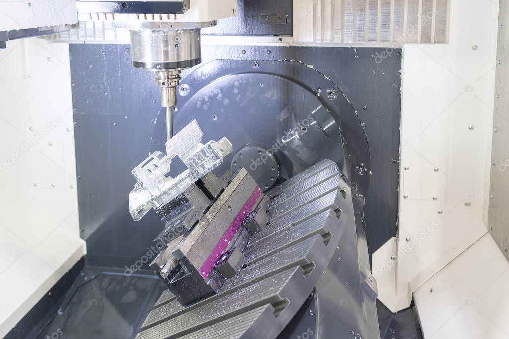 The 5-axis CNC machine while cutting the sample part of aircraft