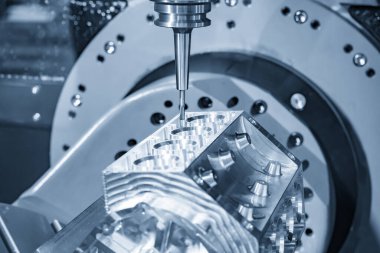 5 eksenli Cnc değirmen makinesi alüminyum V8 motorunu kesiyor .