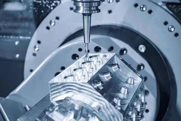The 5-axis CNC milling machine  cutting the aluminium V8 engine . — Stock Photo, Image