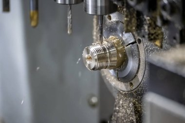 Çoklu görev yapan CNC torna makinesi İsviçre usulü pirinç şafta tıkırdıyor. CNC programı tarafından kontrol edilen yüksek teknolojili metal çalışma süreci