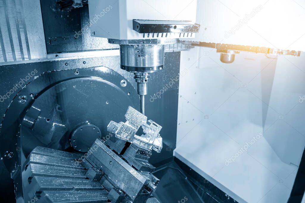 The  5 axis CNC milling machine cutting the  automotive parts with solid ball endmill tools. The hi-technology automotive part manufacturing process by 5 axis machining center.