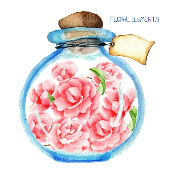 Aquarel camellia in glazen fles — Stockvector