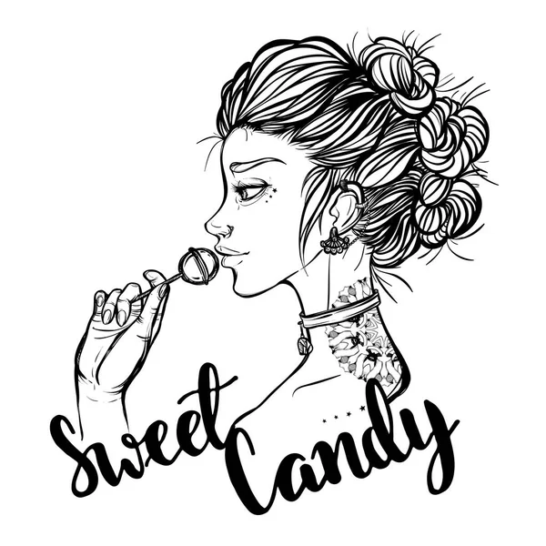 Chica con una piruleta, dulces dulces — Vector de stock