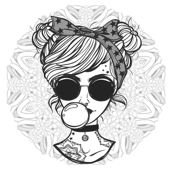 Fille avec des lunettes et tatouages . — Image vectorielle