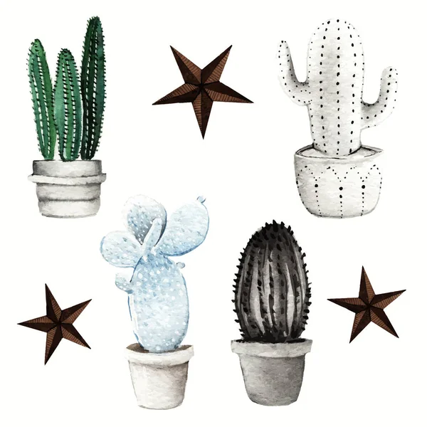 Akvarelu kaktusy v květináče — Stockový vektor