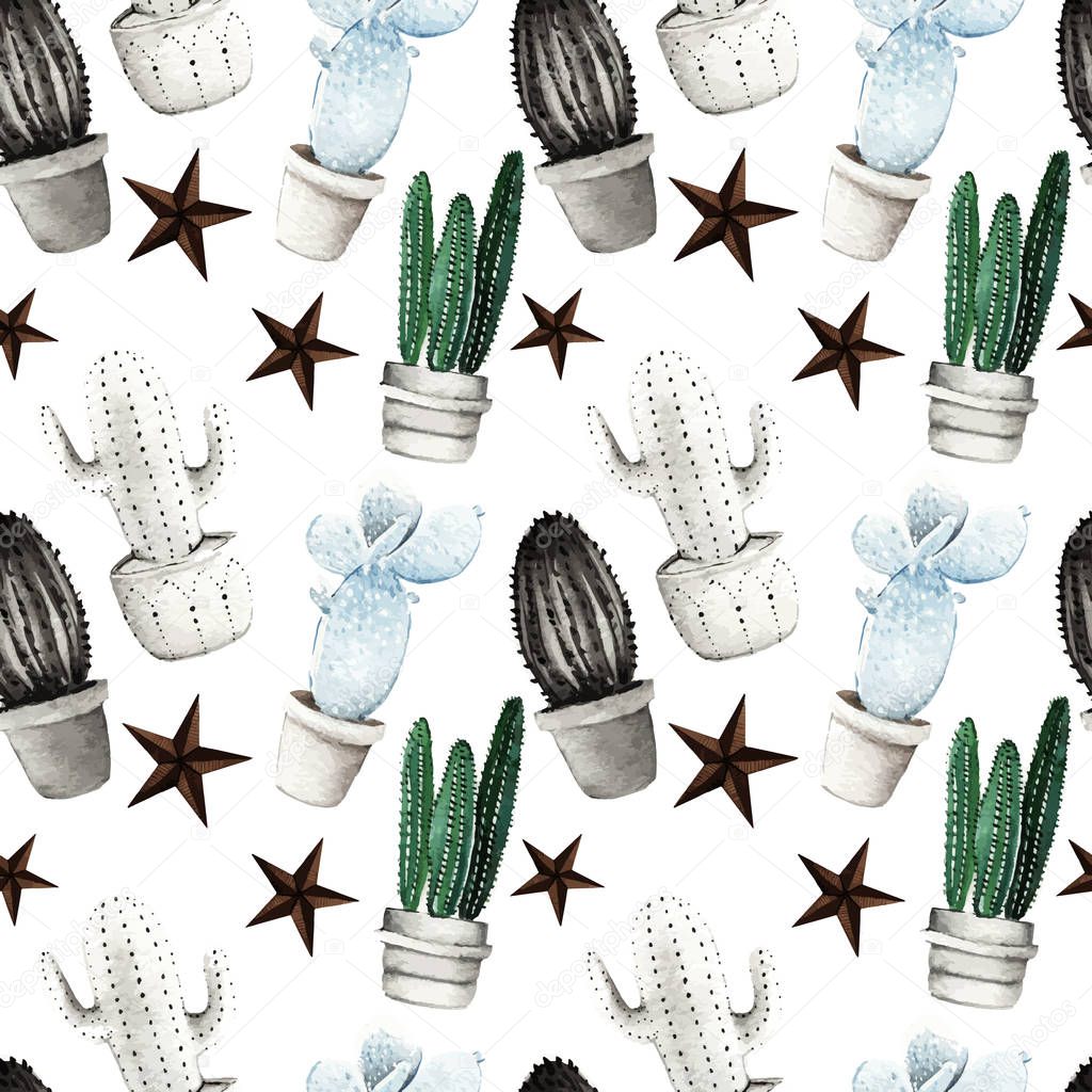 pattern with watercolor cactuses in flowerpots
