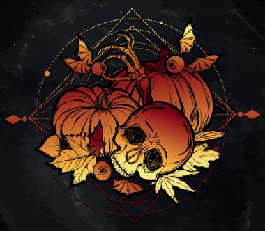 Kafatası, yapraklar, kabaklar illüstrasyon