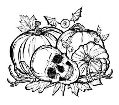 Cadılar Bayramı. Kafatası, yaprakları, kabaklar