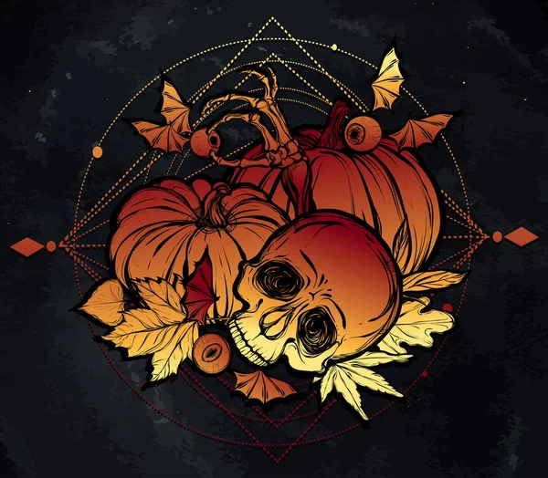 Kafatası, yapraklar, kabaklar illüstrasyon