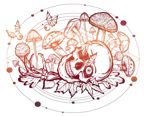 Crânio, cogumelos ilustração —  Vetores de Stock