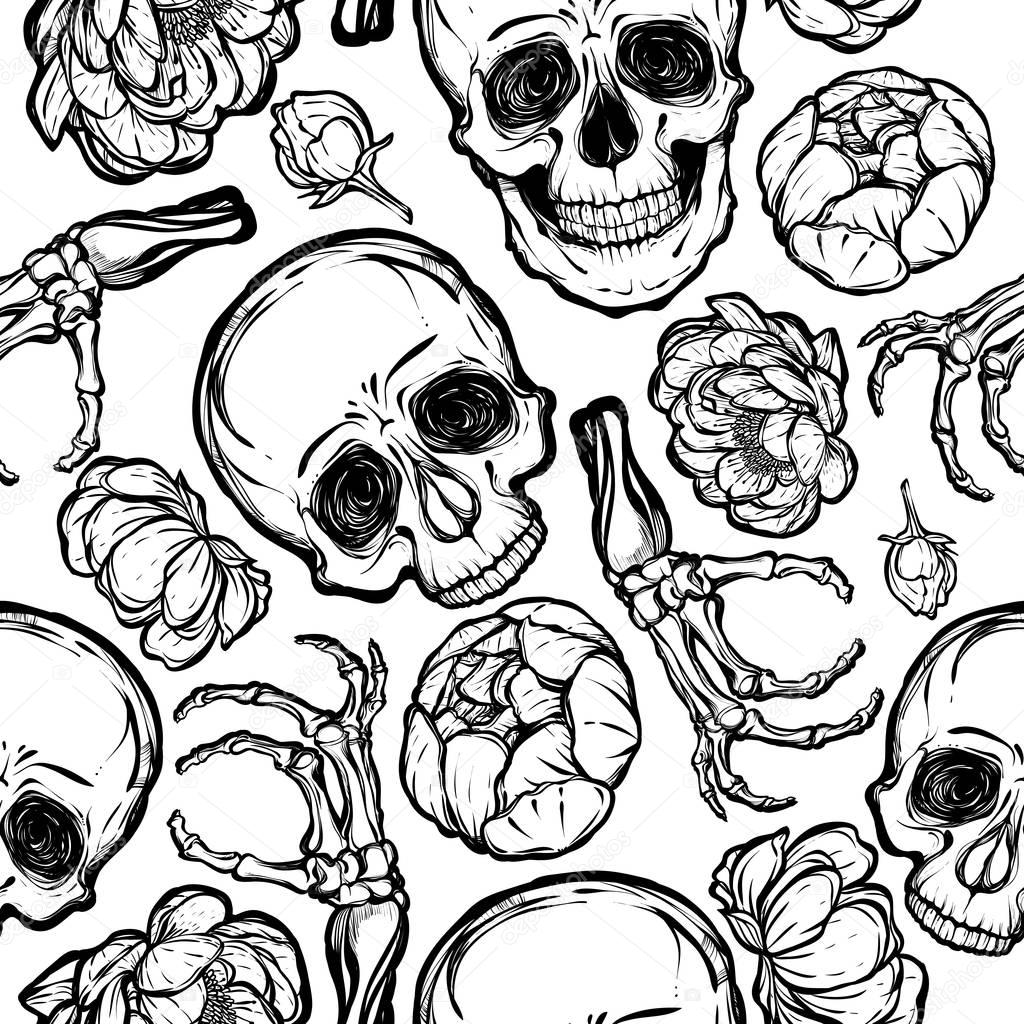 Skulls, peony, bones illustration