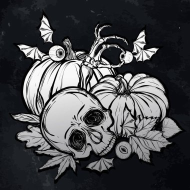 Kafatası, yapraklar, kabaklar illüstrasyon