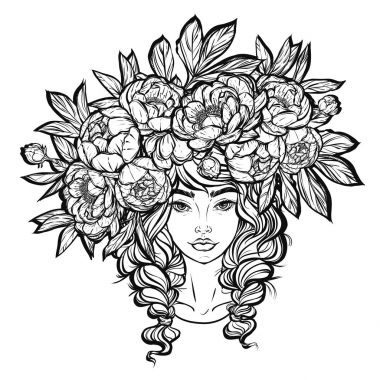 Bir peonies ile şapkalı kız