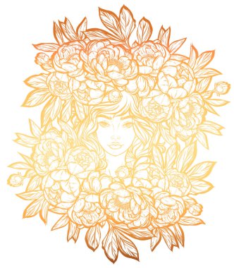 Bir peonies ile şapkalı kız