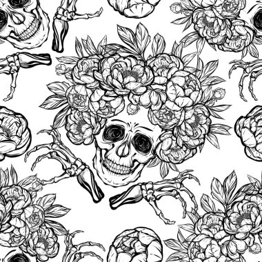 Cadılar Bayramı. Kafatası peonies ile