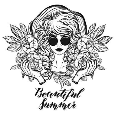 Kız peonies çizim ile.