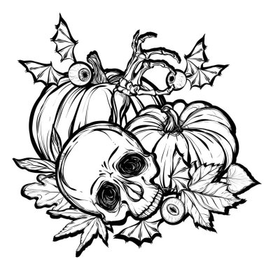 Kafatası, yapraklar, kabaklar illüstrasyon