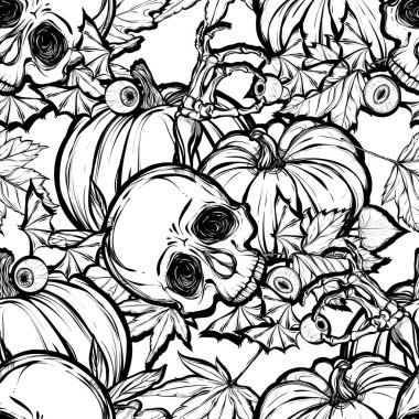 Kafatası, yapraklar, kabaklar illüstrasyon