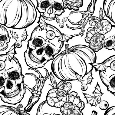 Kafatasları, yaprakları, kabaklar.