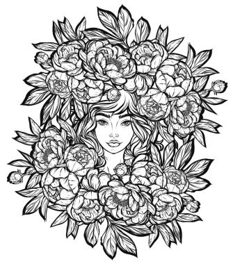 Bir peonies ile şapkalı kız