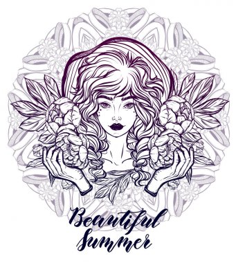 Bir peonies ile şapkalı kız