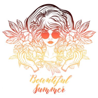 Kız peonies çizim ile.