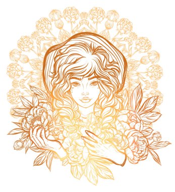 Kız peonies çizim ile.