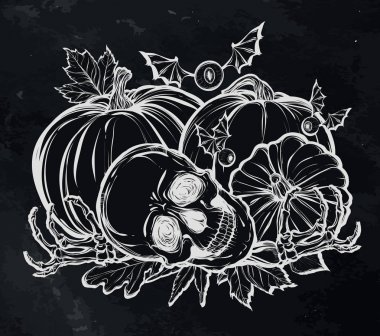 Cadılar Bayramı. Kafatası, yaprakları, kabaklar