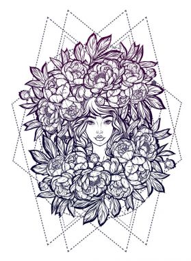 Bir peonies ile şapkalı kız