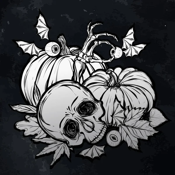 Kafatası, yapraklar, kabaklar illüstrasyon