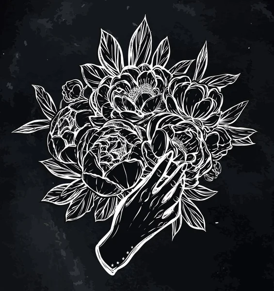Bouquet de pivoines dans les mains — Image vectorielle
