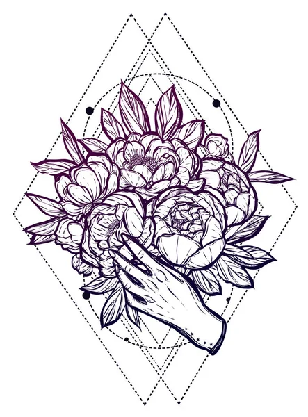 Bouquet de pivoines dans les mains — Image vectorielle