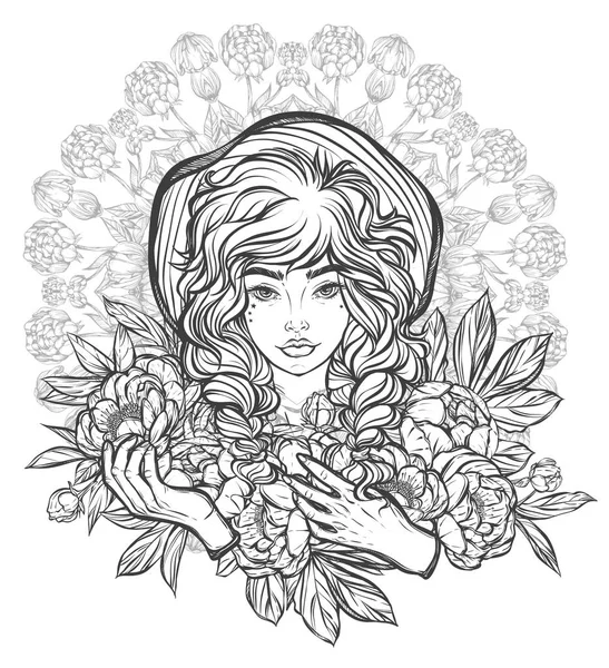 Kız peonies çizim ile.