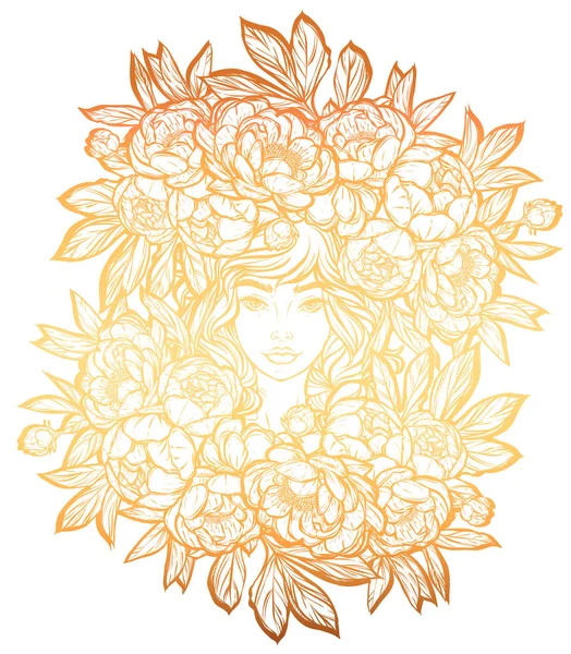 Bir peonies ile şapkalı kız