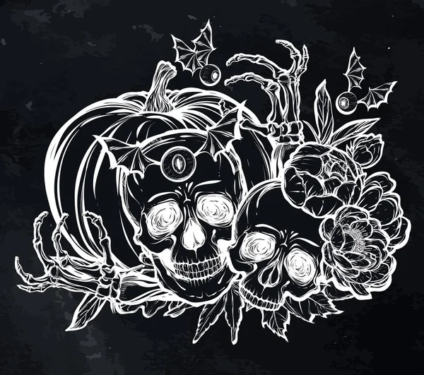 Crânes, feuilles, pivoine, citrouille — Image vectorielle