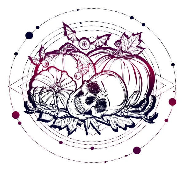 Halloween. Schedel, bladeren, pompoenen — Stockvector