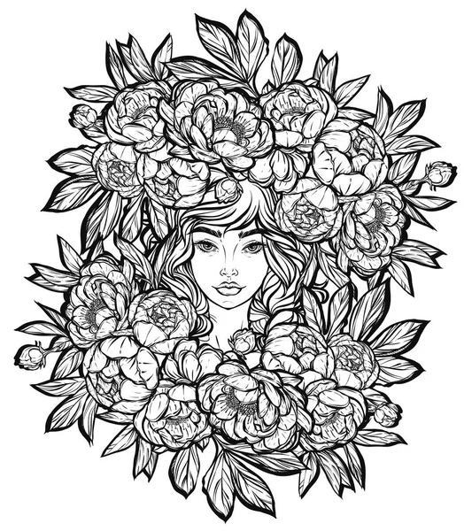 Bir peonies ile şapkalı kız