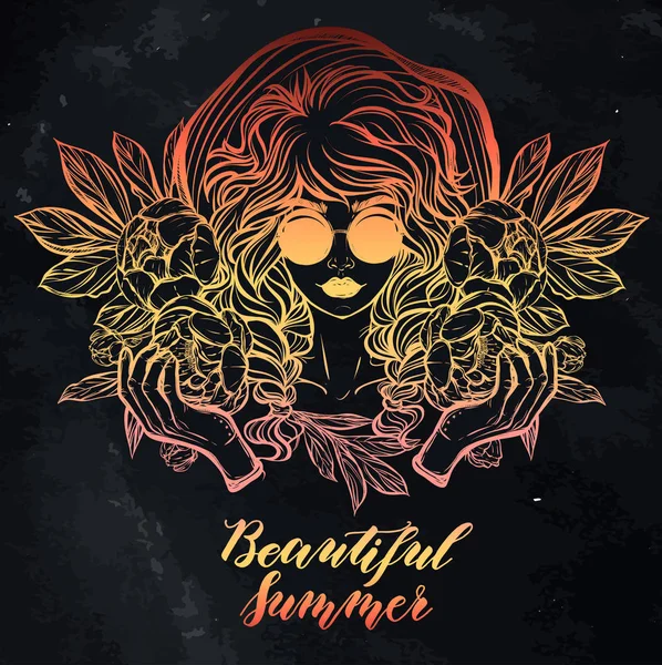 Kız peonies çizim ile.