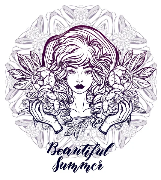 Bir peonies ile şapkalı kız