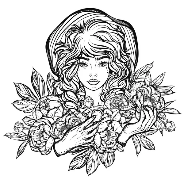 Kız peonies çizim ile.