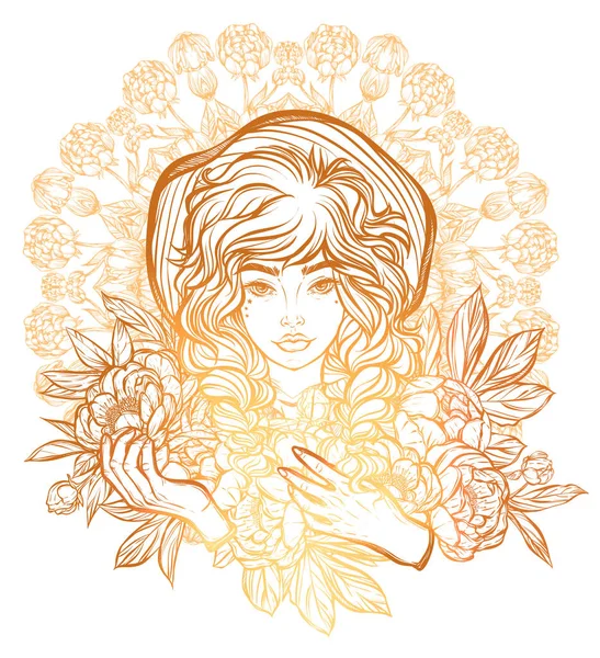 Kız peonies çizim ile.