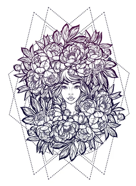 Bir peonies ile şapkalı kız