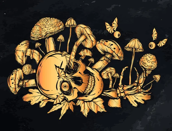 头骨，蘑菇图 — 图库矢量图片