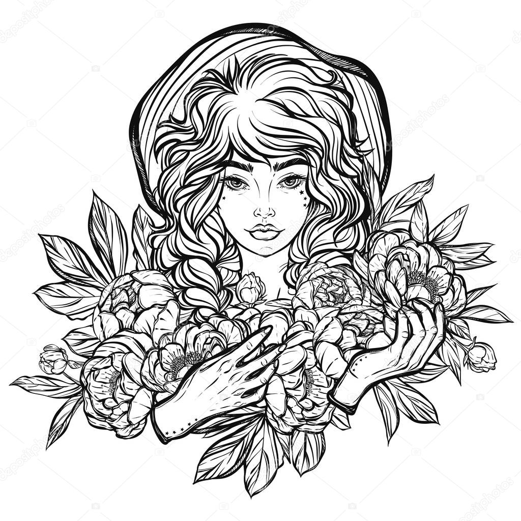 Girl  with a peonies illustration.