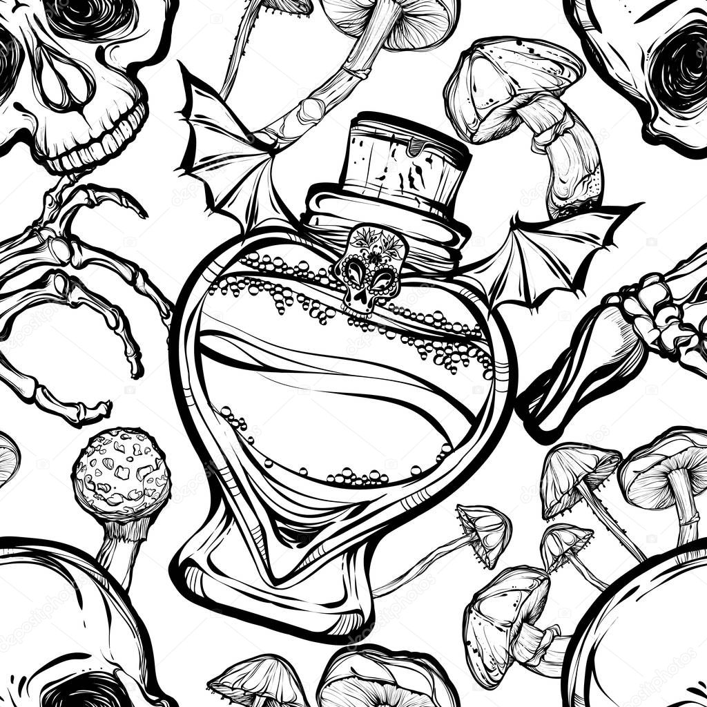 Halloween. Vector illustration. Potion, skull, mushrooms, bones. Handmade, prints on T-shirts, background , tattoos. seamless pattern.