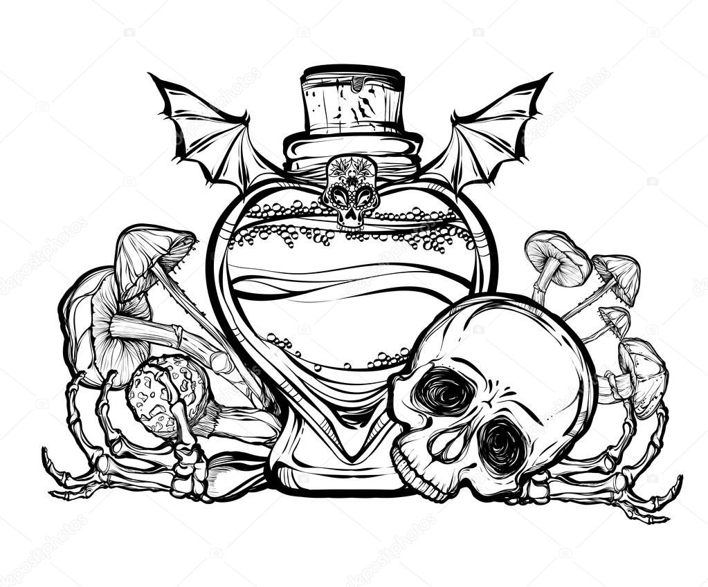 Halloween. Vector illustration. Potions, mushrooms, pumpkin, bones. Handmade, prints on T-shirts, background , tattoos
