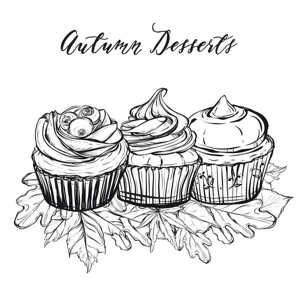 Sobremesas de outono, cupcakes — Vetor de Stock
