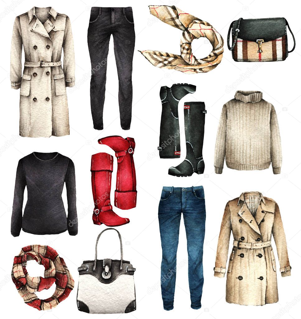 Watercolor Fashion Illustration. set of trendy accessories. Rainy day,rubber boots, bags, scarfs. trench coats, sweaters, jeans