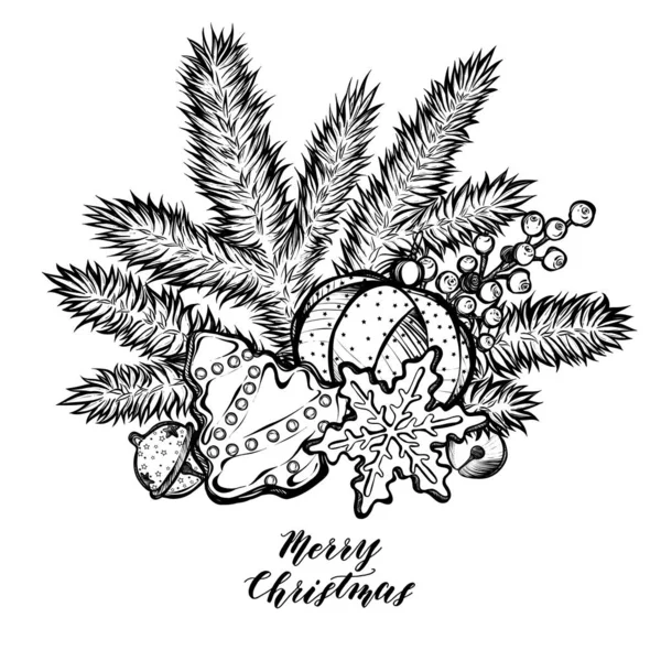 メリークリスマスベクトルイラスト トウヒの枝 生姜ビスケット 手作り カード プリントオンTシャツ 背景白 タトゥー — ストックベクタ